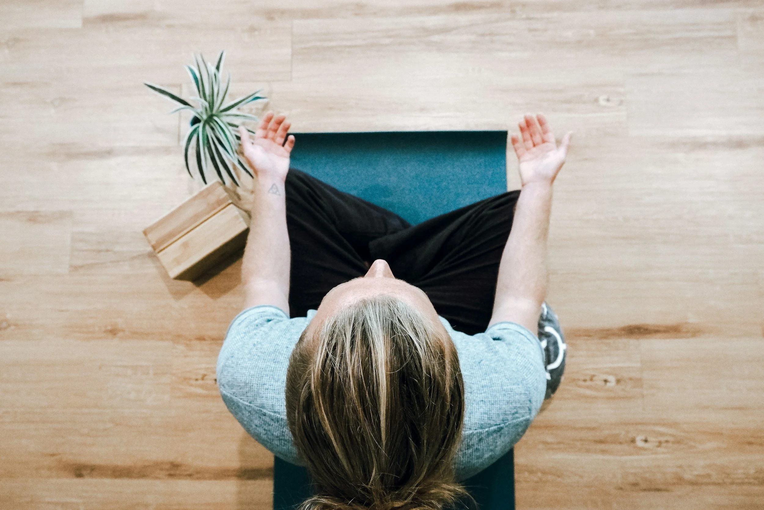 Overhead view of a seated yoga practice